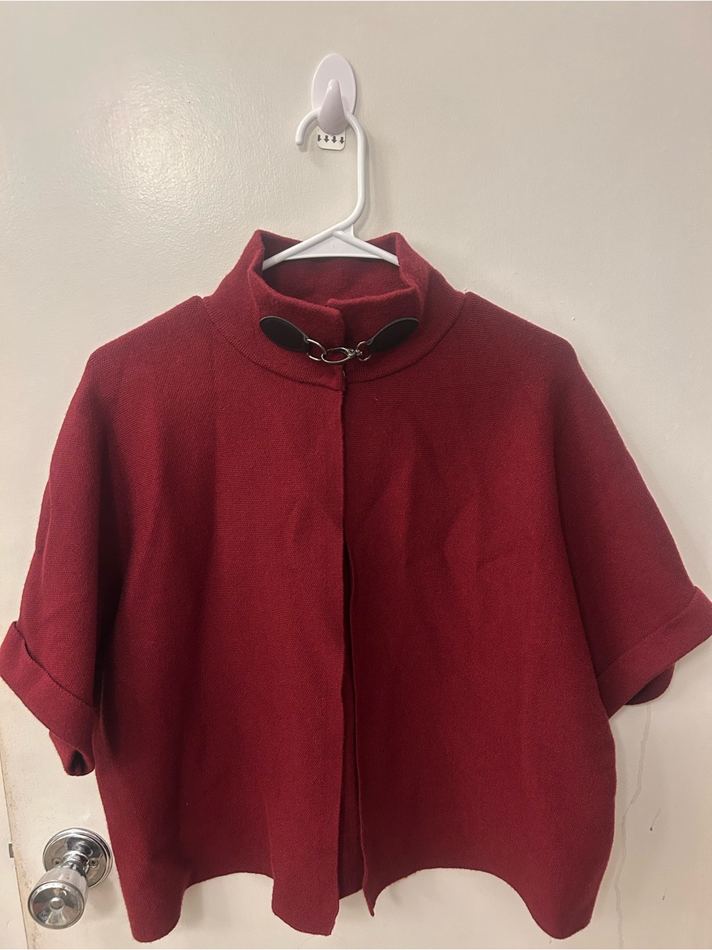 Adrienne Vittadini Burgundy Short-Sleeve Pea Coat with Decorative Clasp